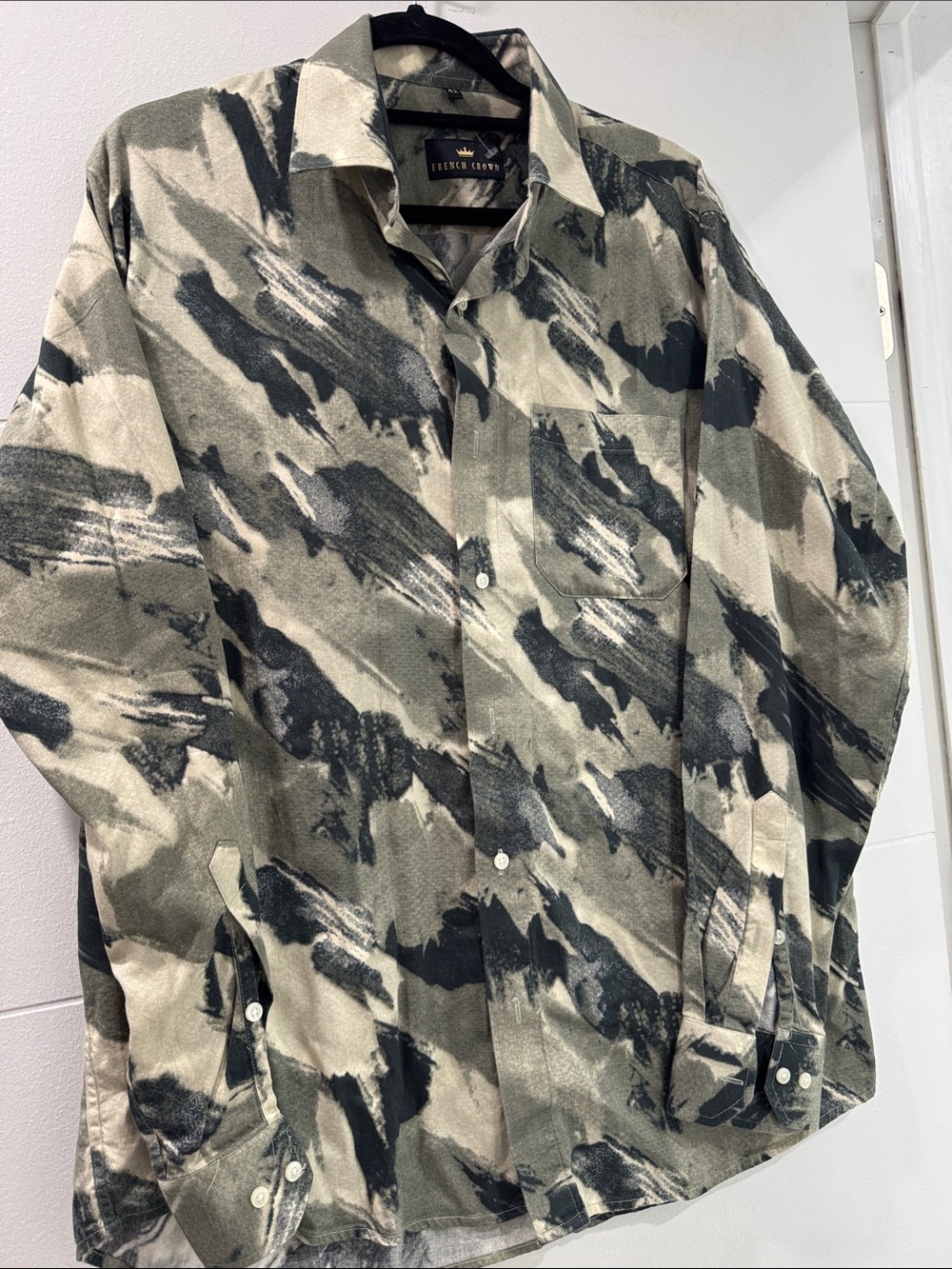 French Crown Button Down Shirt Mens 42 Green Good Abstract Brushstroke Print